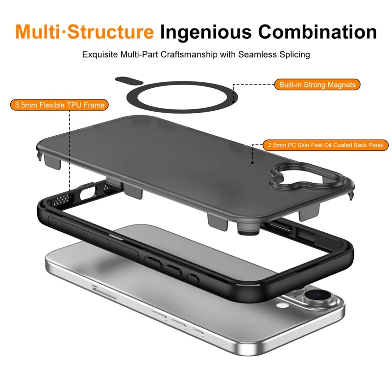 For iPhone 16 Magnetic Case Translucent Matte Skin Touch PC + TPU Phone Back Cover - Black