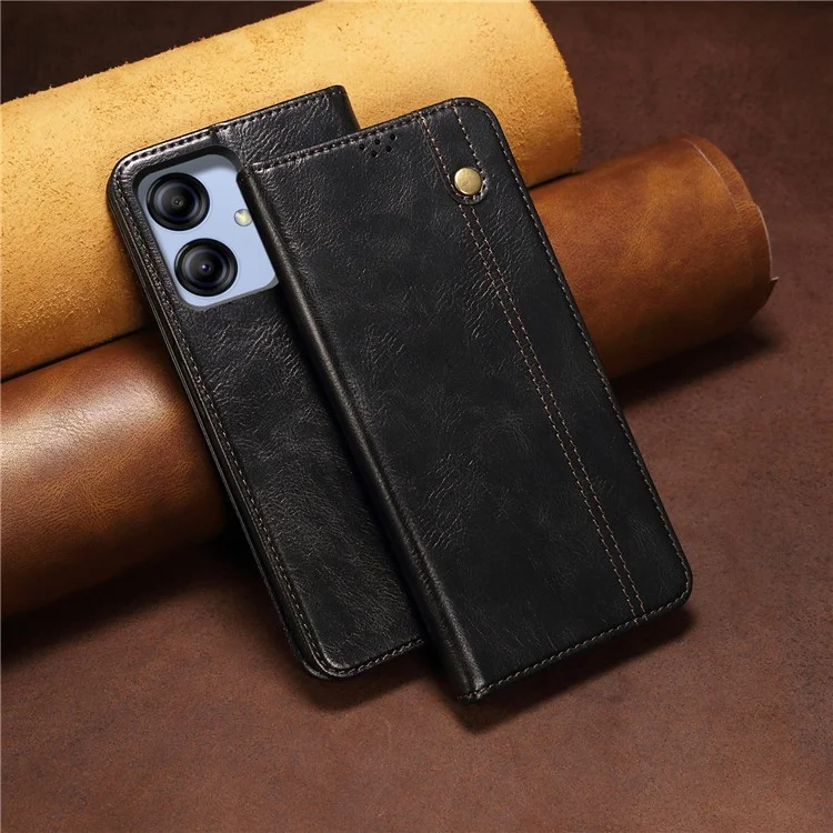 Für Samsung Galaxy A04e 4G Waxy Crazy Horse Textur PU Leder Telefon Hülle Autoschließung Magnetischer Abdeckung Mit Stand Wallet - Schwarz
