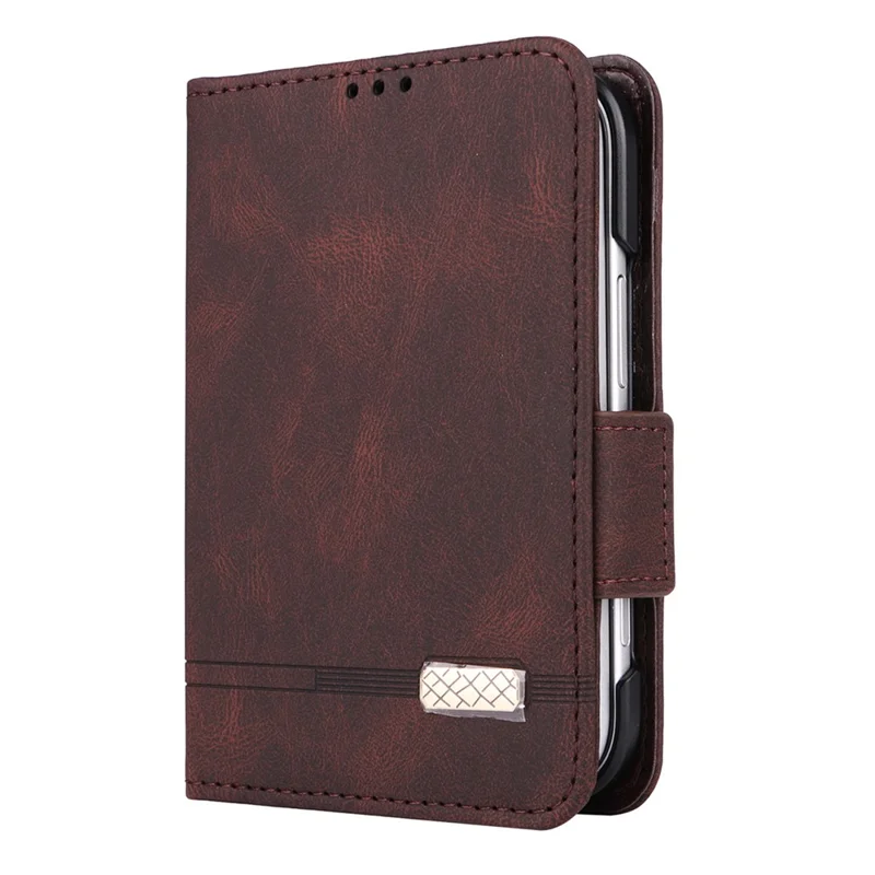 For iPhone Duo Case Leather Wallet Flip Phone Cover with Hardware Decor - Coffee