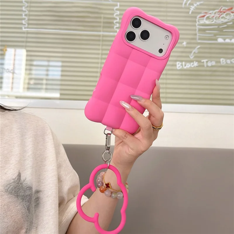 Coque pour iPhone 18 Pro Max / 17 Pro Max, coque Cloud Puffer en silicone avec dragonne amovible - Rose bonbon