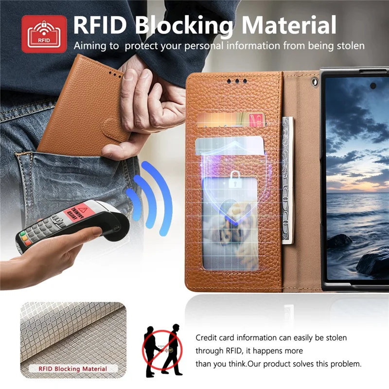 For iPhone Duo Case RFID Blocking Wallet Split Leather Phone Cover - Brown
