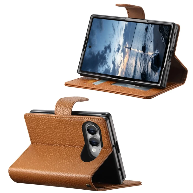 For iPhone Duo Case RFID Blocking Wallet Split Leather Phone Cover - Brown