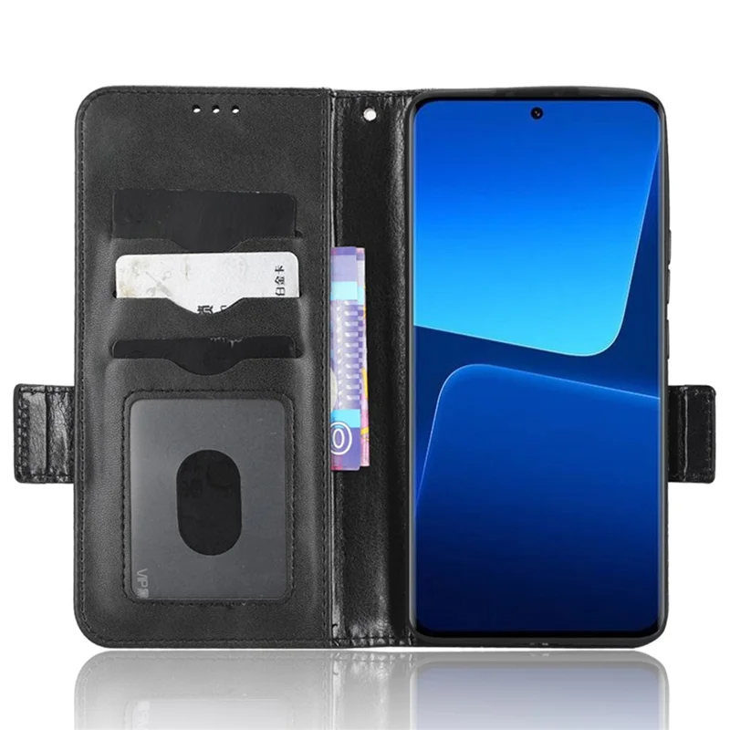 Imprinted Triangle Pattern Phone Cover For Xiaomi 13 5G Wallet Stand Anti-scratch PU Leather Smartphone Case with Hand Strap - Black