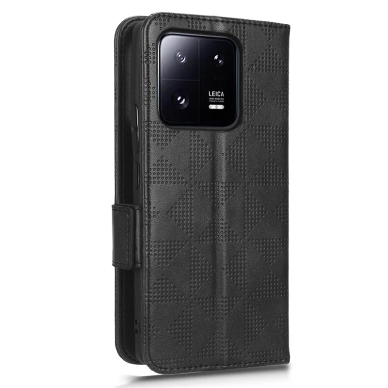 Imprinted Triangle Pattern Phone Cover For Xiaomi 13 5G Wallet Stand Anti-scratch PU Leather Smartphone Case with Hand Strap - Black