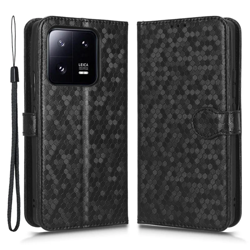 لـ Xiaomi 13 Pro 5G غطاء هاتفي مقاوم للخدوش مطبوع عليه نمط النقاط، غطاء واقي من جلد PU مع ميزة الطي ومحفظة وبطاقة وحامل مع حزام - أسود