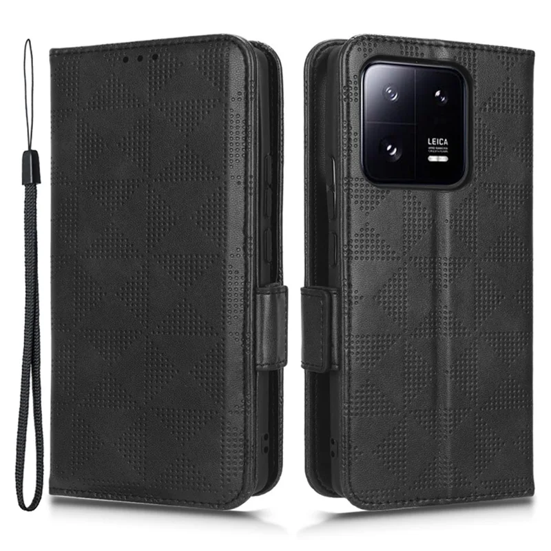 Protective Phone Cover For Xiaomi 13 Pro 5G, Imprinted Triangle Pattern PU Leather Anti-fall Flip Wallet Case Stand with Hand Strap - Black