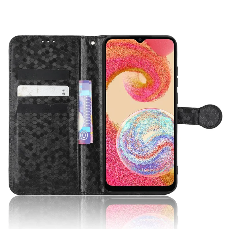 For Samsung Galaxy A04e 4G / F04 4G / M04 4G Dot Pattern Imprinted Phone Cover Anti-shock Protective PU Leather Phone Wallet Case Stand with Strap - Black
