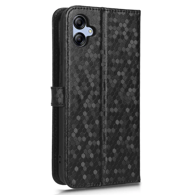For Samsung Galaxy A04e 4G / F04 4G / M04 4G Dot Pattern Imprinted Phone Cover Anti-shock Protective PU Leather Phone Wallet Case Stand with Strap - Black