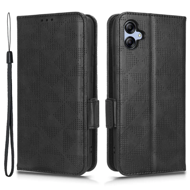 Shockproof Phone Cover For Samsung Galaxy A04e 4G / F04 4G / M04 4G Imprinted Triangle Pattern PU Leather Flip Wallet Stand Case with Hand Strap - Black