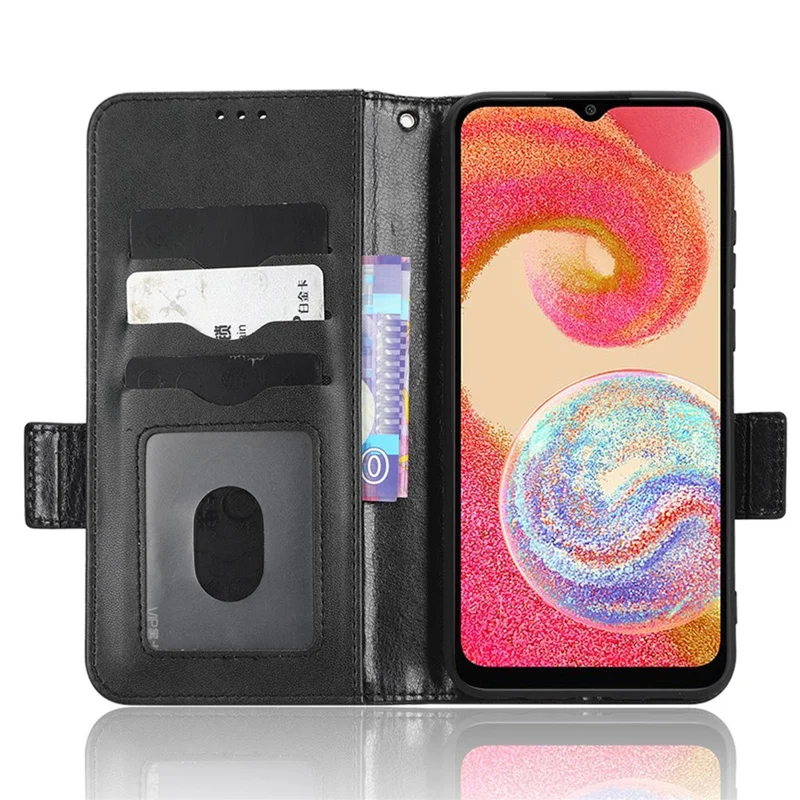 Shockproof Phone Cover For Samsung Galaxy A04e 4G / F04 4G / M04 4G Imprinted Triangle Pattern PU Leather Flip Wallet Stand Case with Hand Strap - Black
