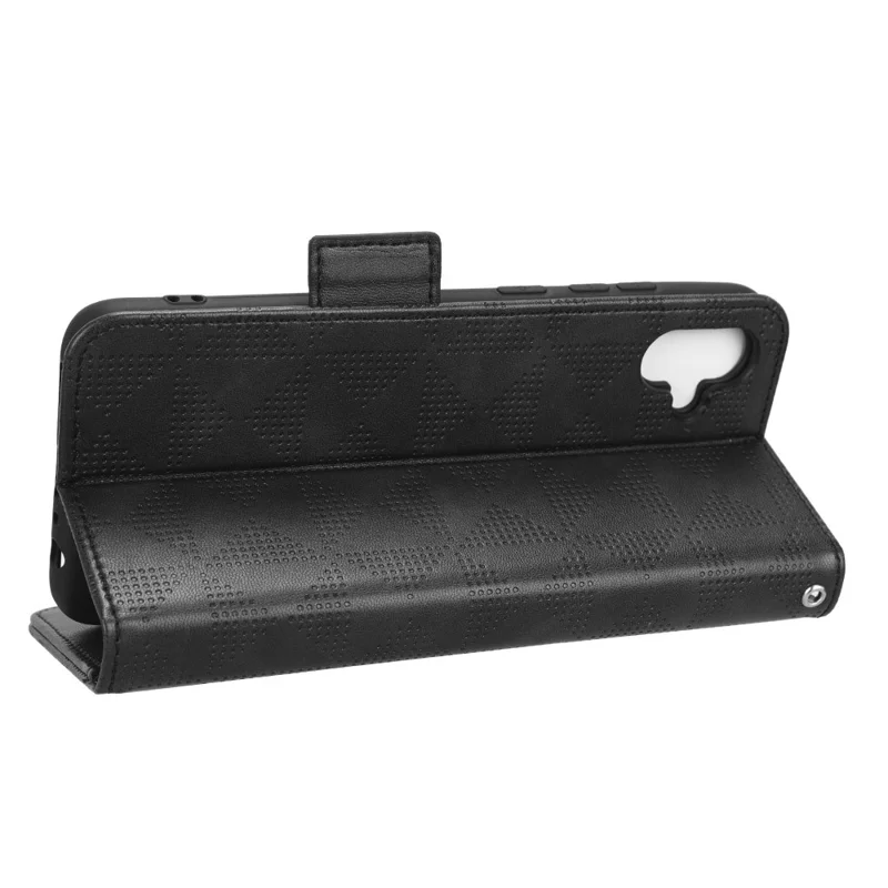 Shockproof Phone Cover For Samsung Galaxy A04e 4G / F04 4G / M04 4G Imprinted Triangle Pattern PU Leather Flip Wallet Stand Case with Hand Strap - Black