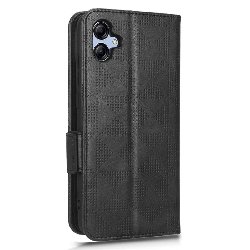 Shockproof Phone Cover For Samsung Galaxy A04e 4G / F04 4G / M04 4G Imprinted Triangle Pattern PU Leather Flip Wallet Stand Case with Hand Strap - Black