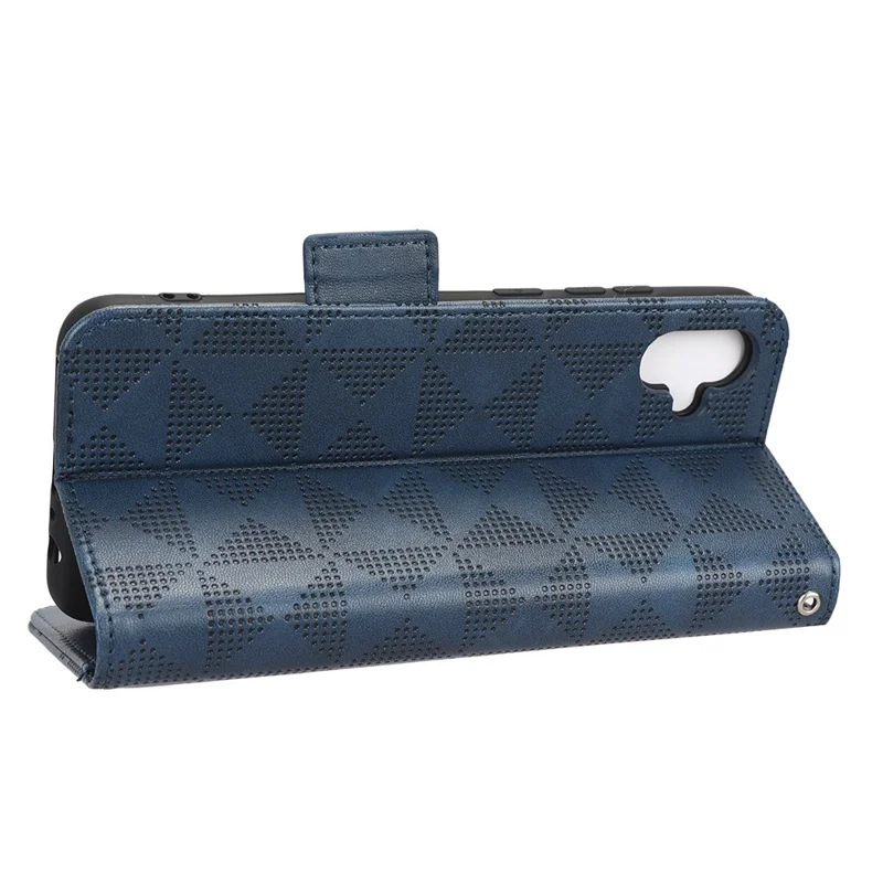 Shockproof Phone Cover For Samsung Galaxy A04e 4G / F04 4G / M04 4G Imprinted Triangle Pattern PU Leather Flip Wallet Stand Case with Hand Strap - Blue