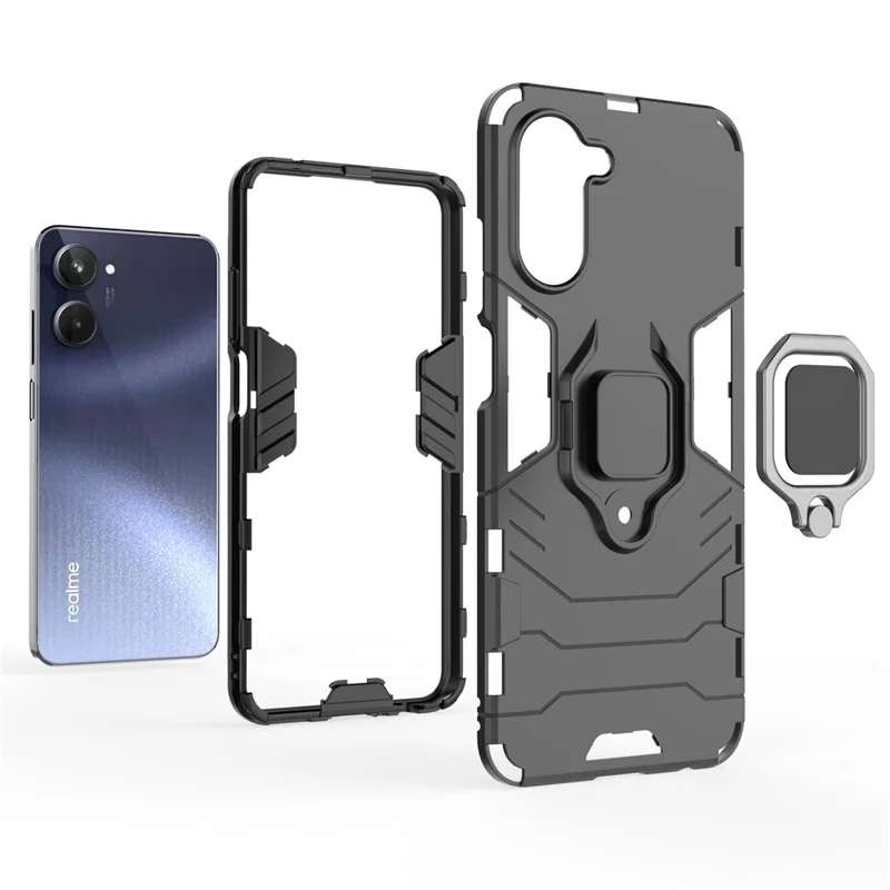 Anti-scratch Phone Case For Realme 10 4G, Ring Holder Kickstand Shockproof Protective Phone Back Cover - Black