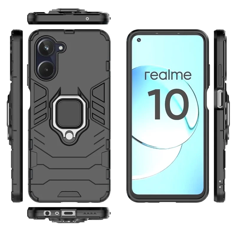 Anti-scratch Phone Case For Realme 10 4G, Ring Holder Kickstand Shockproof Protective Phone Back Cover - Black