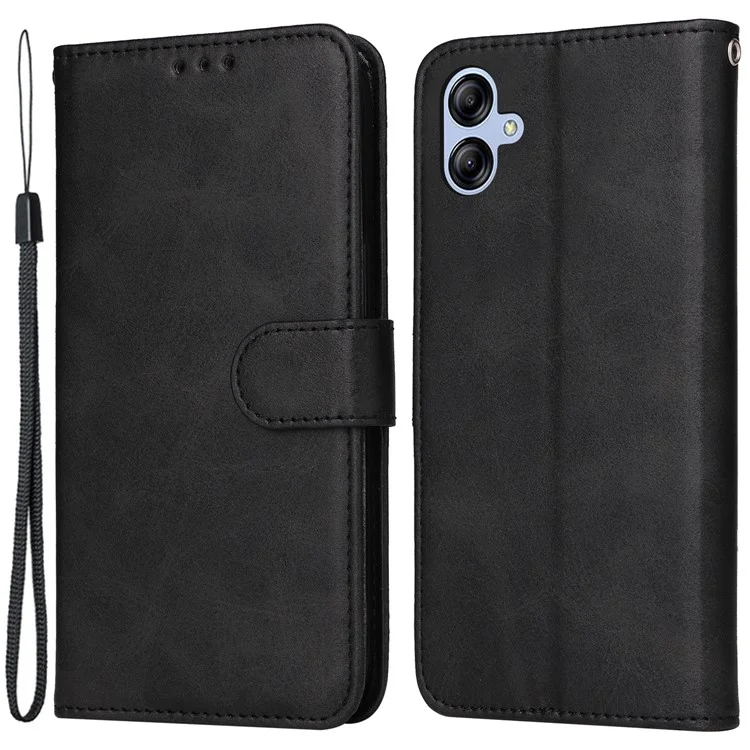 Para Samsung Galaxy A04e 4G / F04 4G / M04 4G Funda de teléfono de cuero PU magnética con soporte antiarañazos Textura de becerro Cartera de folio Funda de teléfono con correa - Negro
