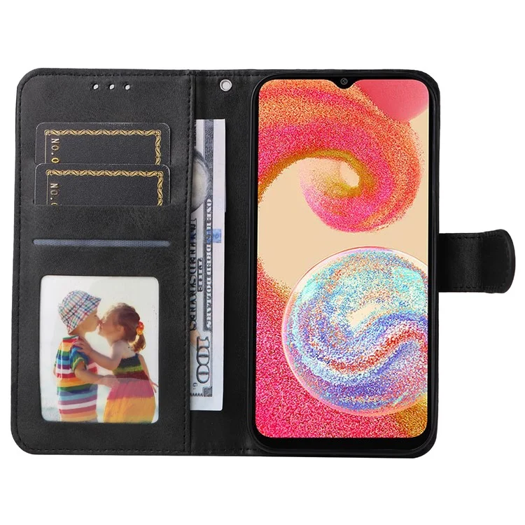 Para Samsung Galaxy A04e 4G / F04 4G / M04 4G Funda de teléfono de cuero PU magnética con soporte antiarañazos Textura de becerro Cartera de folio Funda de teléfono con correa - Negro
