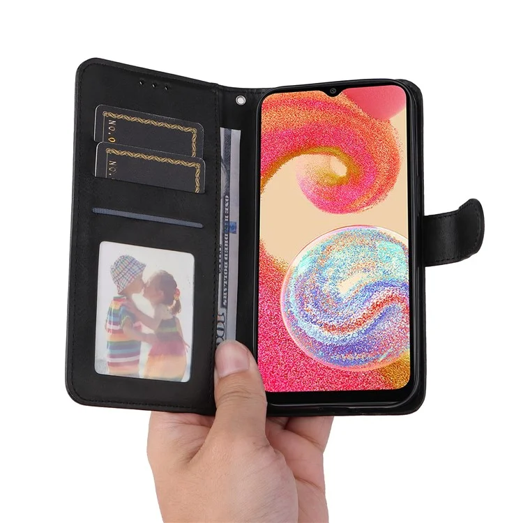 Para Samsung Galaxy A04e 4G / F04 4G / M04 4G Funda de teléfono de cuero PU magnética con soporte antiarañazos Textura de becerro Cartera de folio Funda de teléfono con correa - Negro