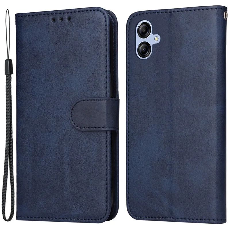 For Samsung Galaxy A04e 4G / F04 4G / M04 4G Magnetic PU Leather Phone Cover Stand Anti-scratch Calf Texture Folio Wallet Phone Case with Strap - Blue