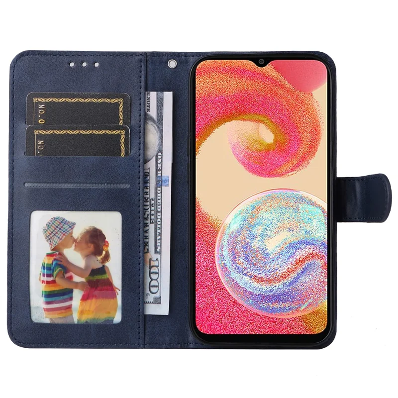 For Samsung Galaxy A04e 4G / F04 4G / M04 4G Magnetic PU Leather Phone Cover Stand Anti-scratch Calf Texture Folio Wallet Phone Case with Strap - Blue