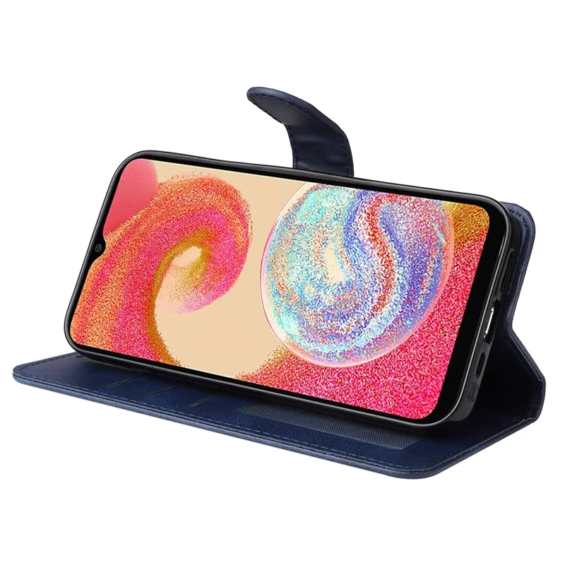 For Samsung Galaxy A04e 4G / F04 4G / M04 4G Magnetic PU Leather Phone Cover Stand Anti-scratch Calf Texture Folio Wallet Phone Case with Strap - Blue