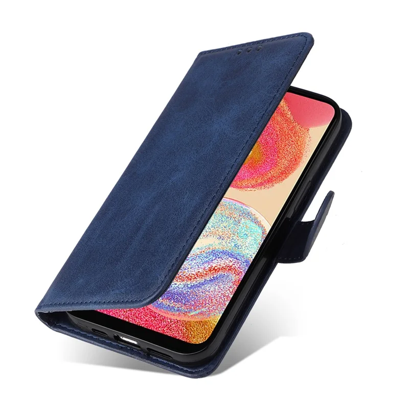 For Samsung Galaxy A04e 4G / F04 4G / M04 4G Magnetic PU Leather Phone Cover Stand Anti-scratch Calf Texture Folio Wallet Phone Case with Strap - Blue