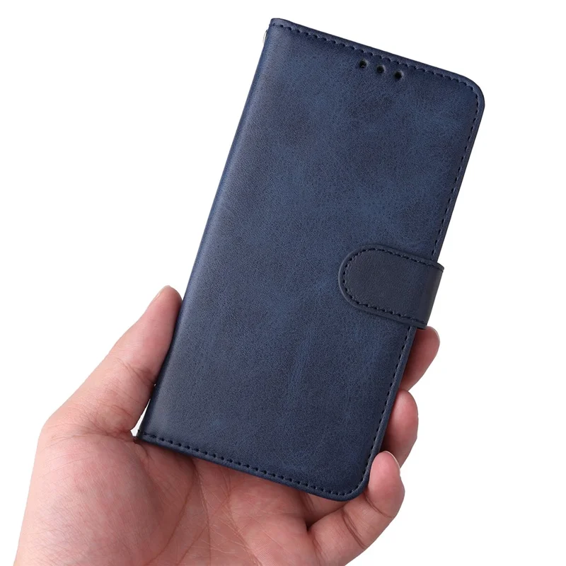 For Samsung Galaxy A04e 4G / F04 4G / M04 4G Magnetic PU Leather Phone Cover Stand Anti-scratch Calf Texture Folio Wallet Phone Case with Strap - Blue