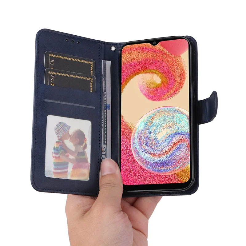 For Samsung Galaxy A04e 4G / F04 4G / M04 4G Magnetic PU Leather Phone Cover Stand Anti-scratch Calf Texture Folio Wallet Phone Case with Strap - Blue