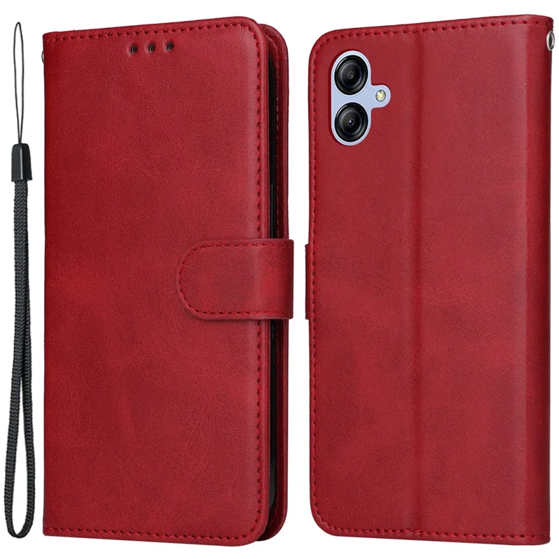 For Samsung Galaxy A04e 4G / F04 4G / M04 4G Magnetic PU Leather Phone Cover Stand Anti-scratch Calf Texture Folio Wallet Phone Case with Strap - Red