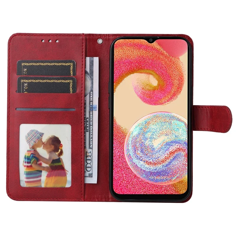 For Samsung Galaxy A04e 4G / F04 4G / M04 4G Magnetic PU Leather Phone Cover Stand Anti-scratch Calf Texture Folio Wallet Phone Case with Strap - Red