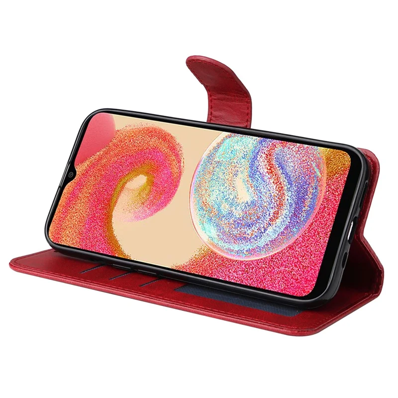 For Samsung Galaxy A04e 4G / F04 4G / M04 4G Magnetic PU Leather Phone Cover Stand Anti-scratch Calf Texture Folio Wallet Phone Case with Strap - Red