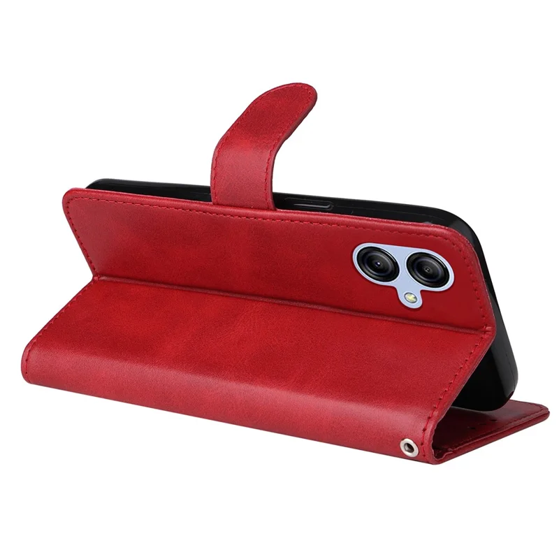 For Samsung Galaxy A04e 4G / F04 4G / M04 4G Magnetic PU Leather Phone Cover Stand Anti-scratch Calf Texture Folio Wallet Phone Case with Strap - Red