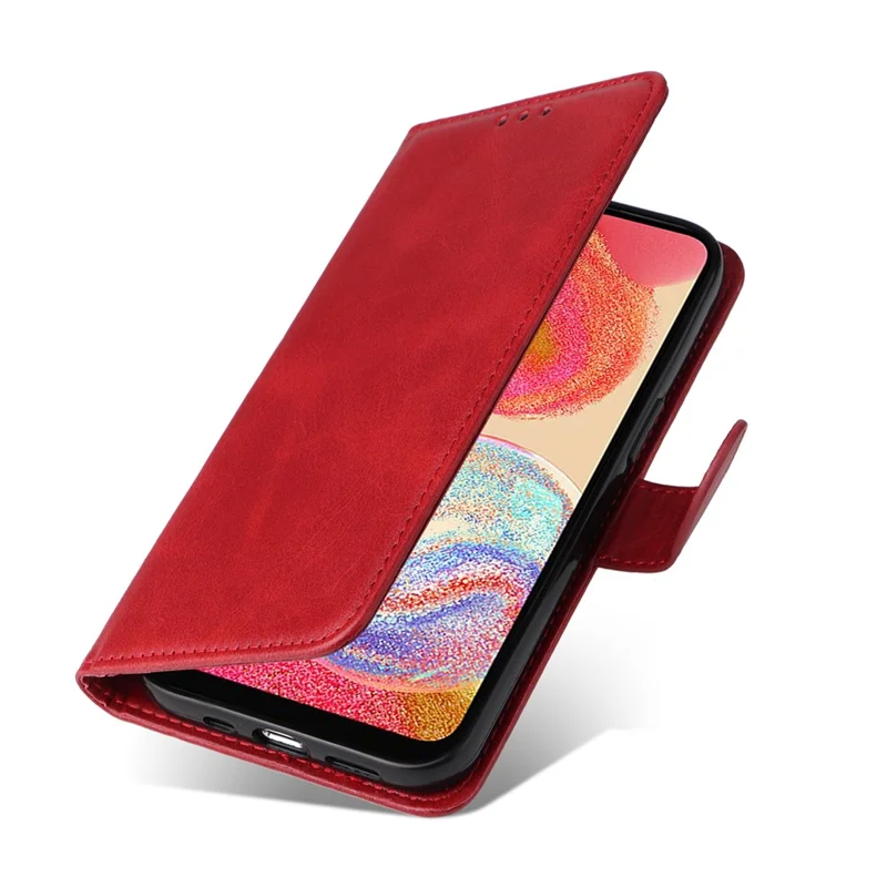 For Samsung Galaxy A04e 4G / F04 4G / M04 4G Magnetic PU Leather Phone Cover Stand Anti-scratch Calf Texture Folio Wallet Phone Case with Strap - Red