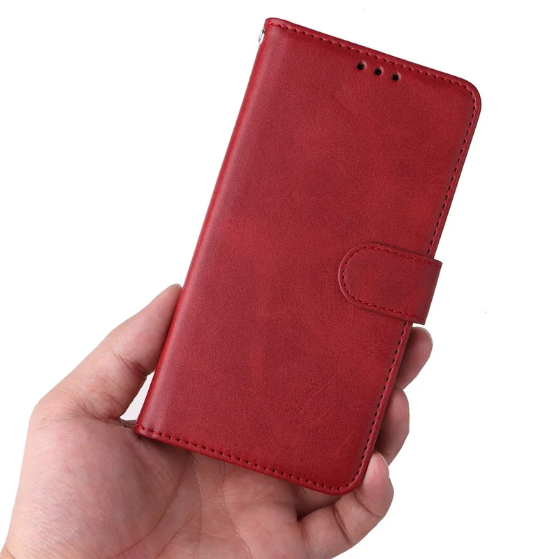 For Samsung Galaxy A04e 4G / F04 4G / M04 4G Magnetic PU Leather Phone Cover Stand Anti-scratch Calf Texture Folio Wallet Phone Case with Strap - Red