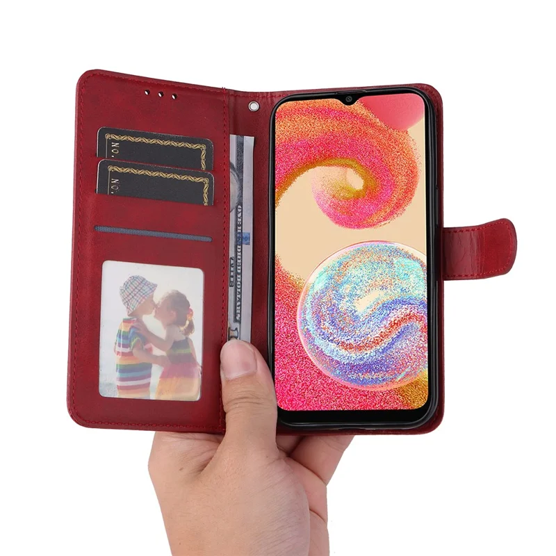For Samsung Galaxy A04e 4G / F04 4G / M04 4G Magnetic PU Leather Phone Cover Stand Anti-scratch Calf Texture Folio Wallet Phone Case with Strap - Red