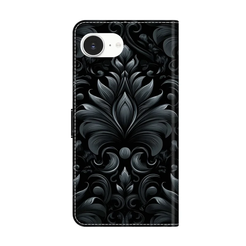 Étui portefeuille en cuir pour iPhone 17e / 16e avec support pliable, fermeture magnétique, motif imprimé - Motif de fines volutes
