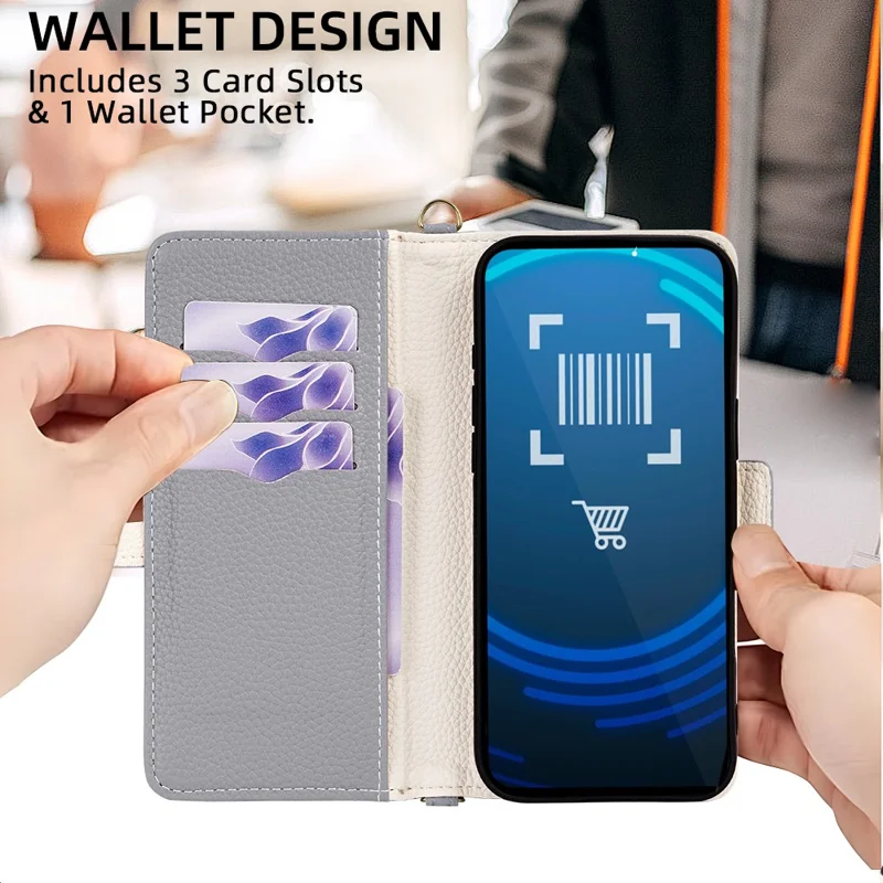 Etui skórzane na telefon typu koperta z portfelem i lustrem / paskiem na ramię na iPhone 18 Pro Max / 17 Pro Max - niebieski