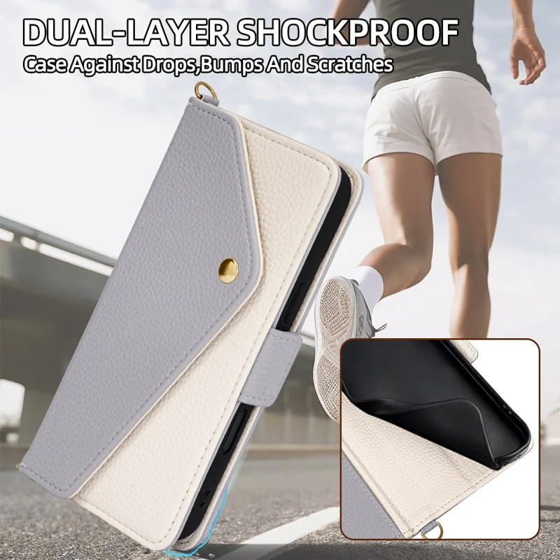 Etui skórzane na telefon typu koperta z portfelem i lustrem / paskiem na ramię na iPhone 18 Pro Max / 17 Pro Max - niebieski