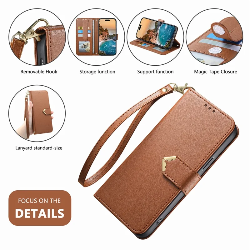 For Honor Magic9 Pro Max 5G Case Triangle Closure Leather Folio Wallet Phone Cover with Wrist Strap - Brown