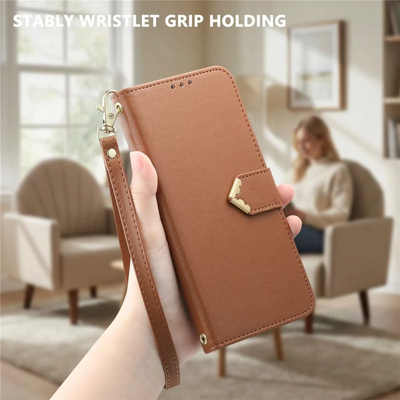 For Honor Magic9 Pro Max 5G Case Triangle Closure Leather Folio Wallet Phone Cover with Wrist Strap - Brown