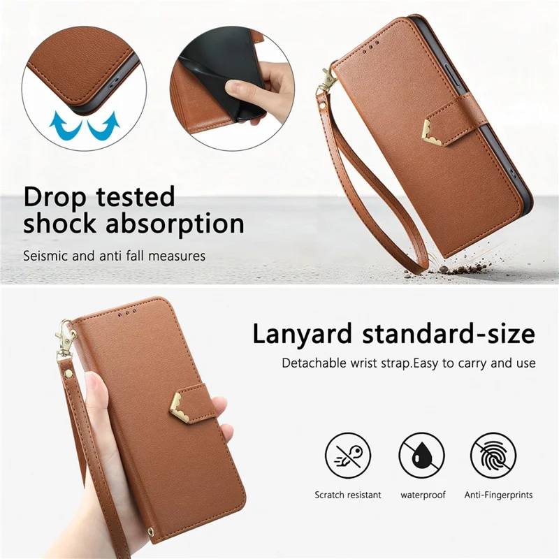 For Honor Magic9 Pro Max 5G Case Triangle Closure Leather Folio Wallet Phone Cover with Wrist Strap - Brown
