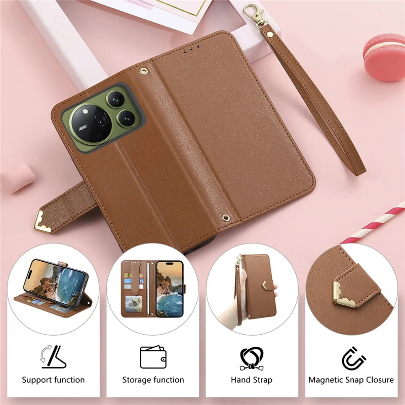 For Honor Magic9 Pro Max 5G Case Triangle Closure Leather Folio Wallet Phone Cover with Wrist Strap - Brown