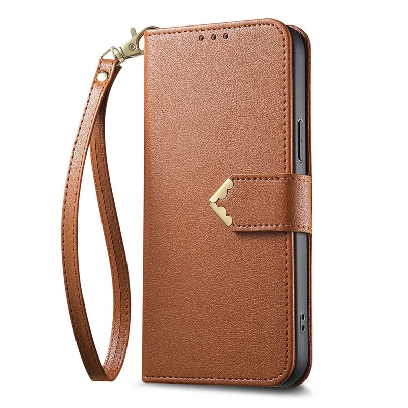 For Honor Magic9 Pro Max 5G Case Triangle Closure Leather Folio Wallet Phone Cover with Wrist Strap - Brown