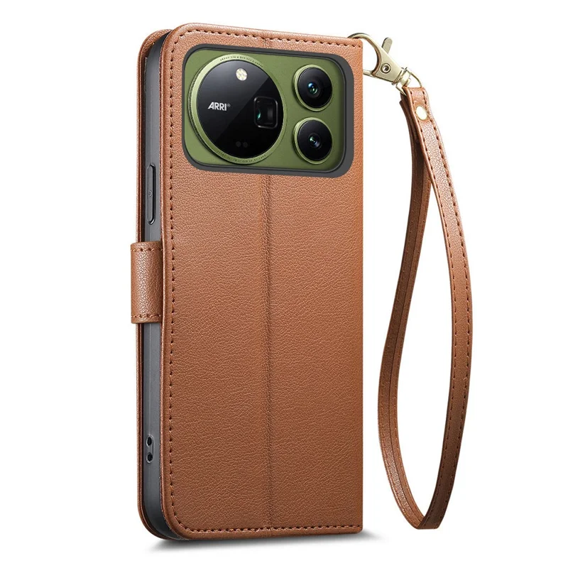 For Honor Magic9 Pro Max 5G Case Triangle Closure Leather Folio Wallet Phone Cover with Wrist Strap - Brown