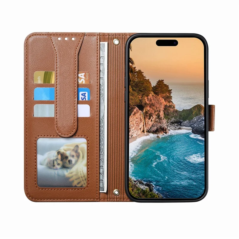 For Honor Magic9 Pro Max 5G Case Triangle Closure Leather Folio Wallet Phone Cover with Wrist Strap - Brown