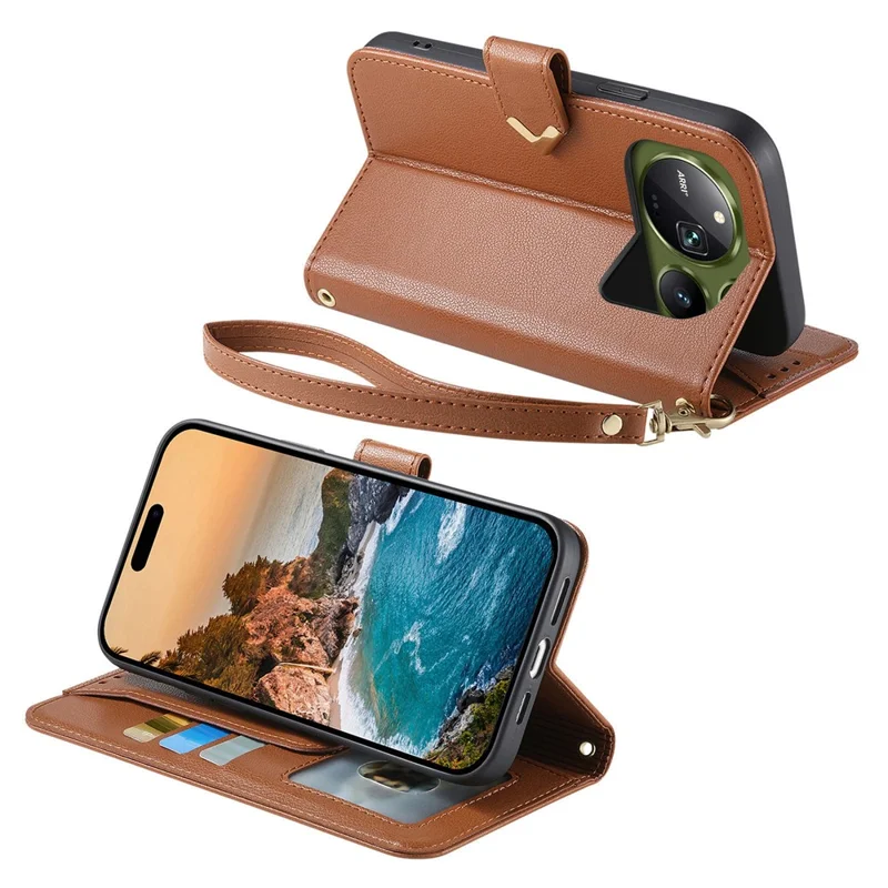 For Honor Magic9 Pro Max 5G Case Triangle Closure Leather Folio Wallet Phone Cover with Wrist Strap - Brown