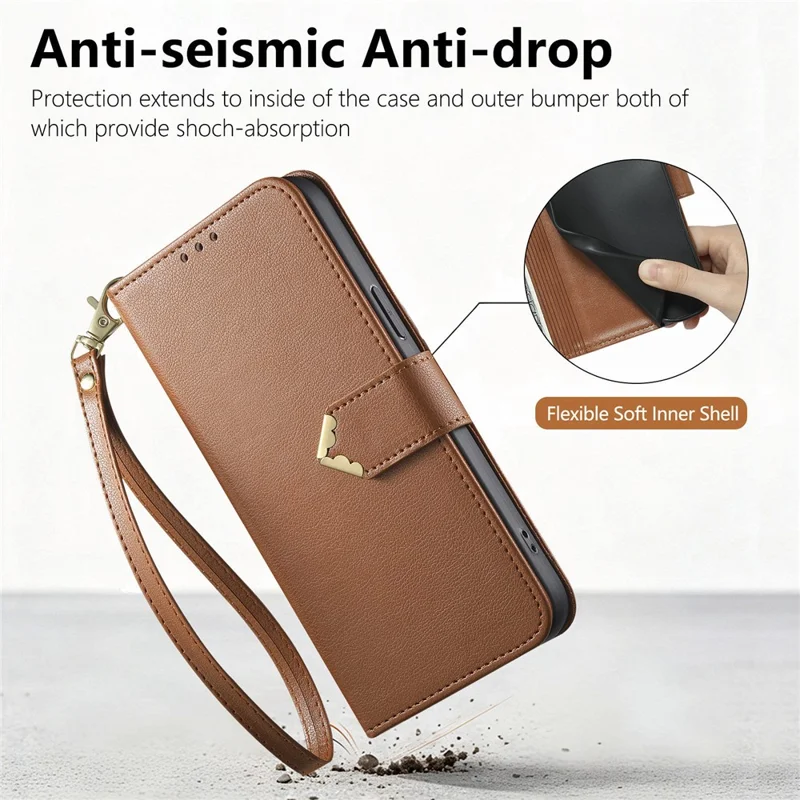 For Honor Magic9 Pro Max 5G Case Triangle Closure Leather Folio Wallet Phone Cover with Wrist Strap - Brown