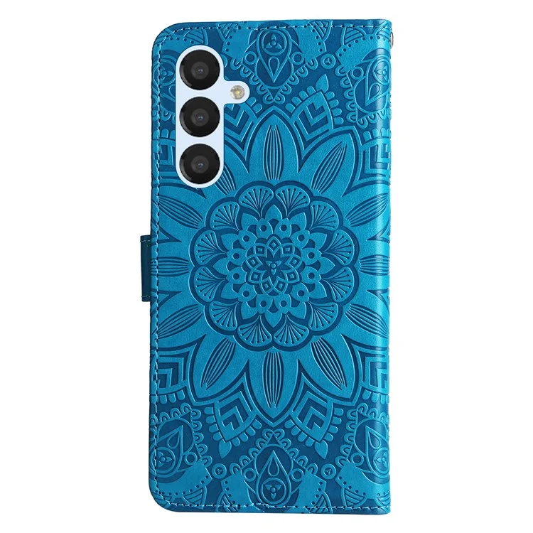Funda para Smartphone para Samsung Galaxy A34 5G de Piel Sintética con Estampado de Girasol, Cierre Magnético, Soporte Plegable y Correa para la Muñeca - Azul