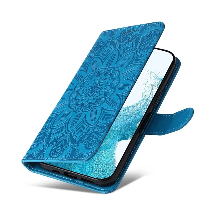 Funda para Smartphone para Samsung Galaxy A34 5G de Piel Sintética con Estampado de Girasol, Cierre Magnético, Soporte Plegable y Correa para la Muñeca - Azul