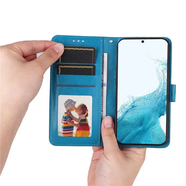 Funda para Smartphone para Samsung Galaxy A34 5G de Piel Sintética con Estampado de Girasol, Cierre Magnético, Soporte Plegable y Correa para la Muñeca - Azul